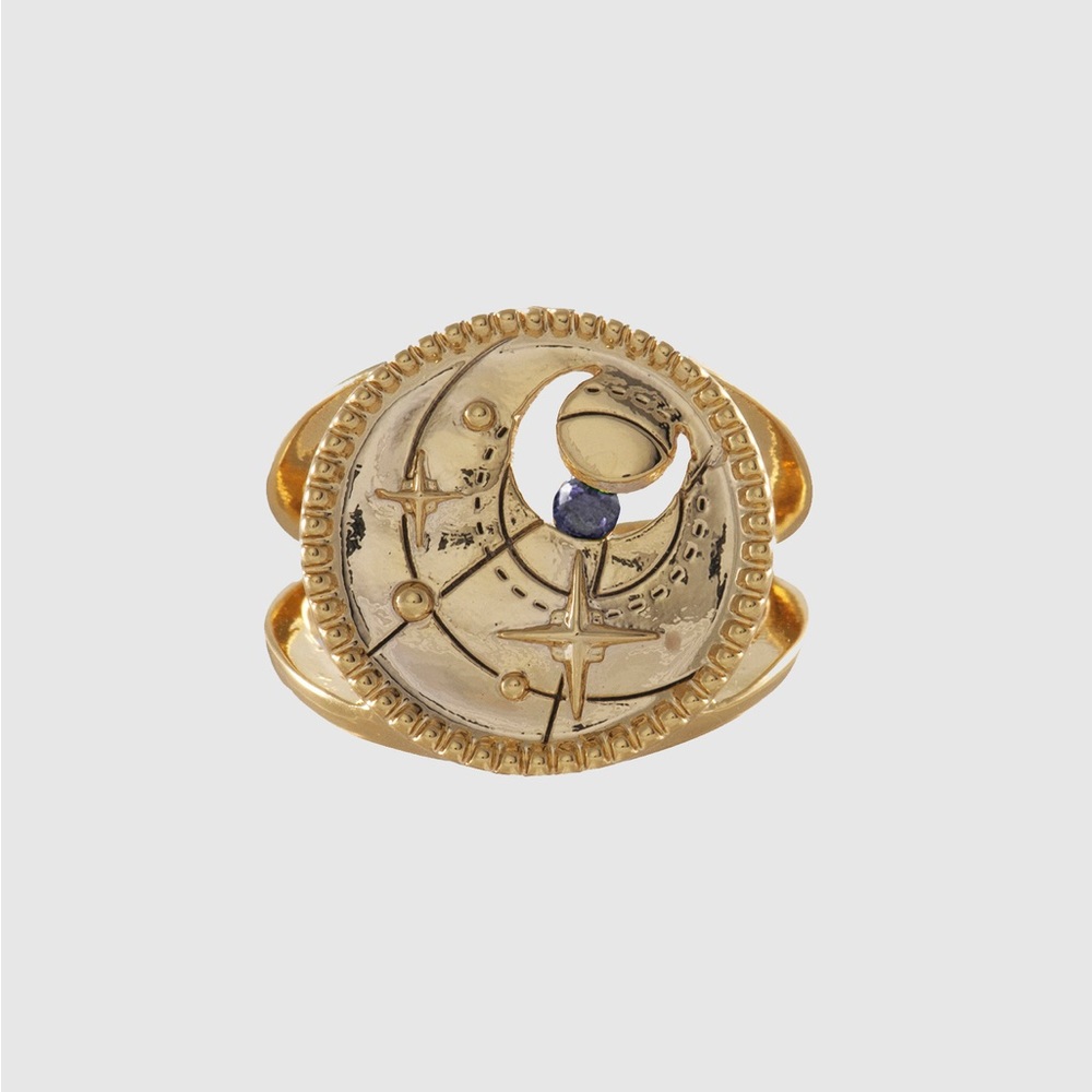 Wanderlust + Co, 18K Gold Birthstone Ring, Moon & Stars, Size 6, Birthday Gift